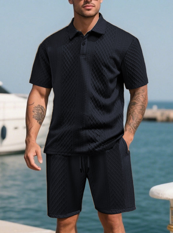 Men’s Jacquard Polo Set Lightweight Plaid Short Sleeve Casual 2 Piece Outfit