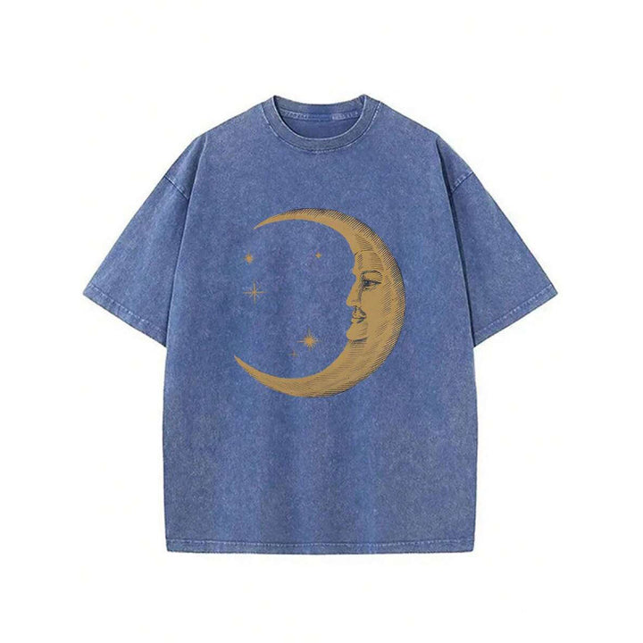 Vintage Washed 230G Cotton Crescent Moon Face Print Oversized Crew Neck T-Shirt