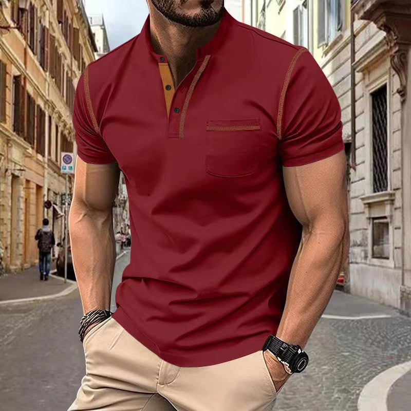 Men’s Henley T-Shirt Short Sleeve Casual Solid Color Slim Fit Button V-Neck Summer Top with Pocket