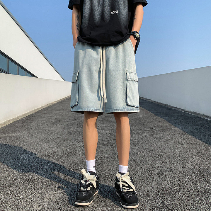 Premium Soft Denim Men Cargo Shorts, Vintage Light Blue Wash Streetwear Jean Shorts With Pockets