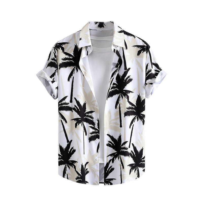Men’s Hawaiian Palm Print Shirt – Casual Summer Beach Short Sleeve Button Down