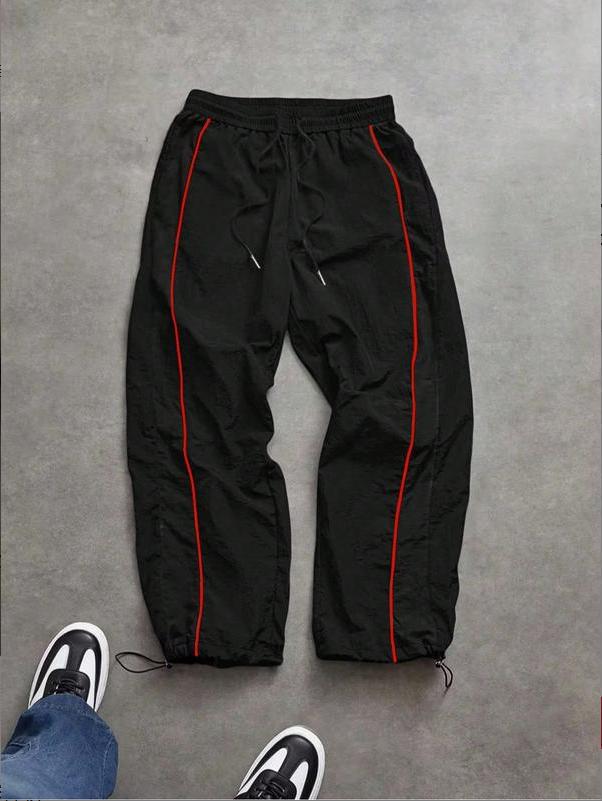 Black Cargo Pants Men Summer Thin Loose Straight Leg Pants with Red Side Stripes Drawstring