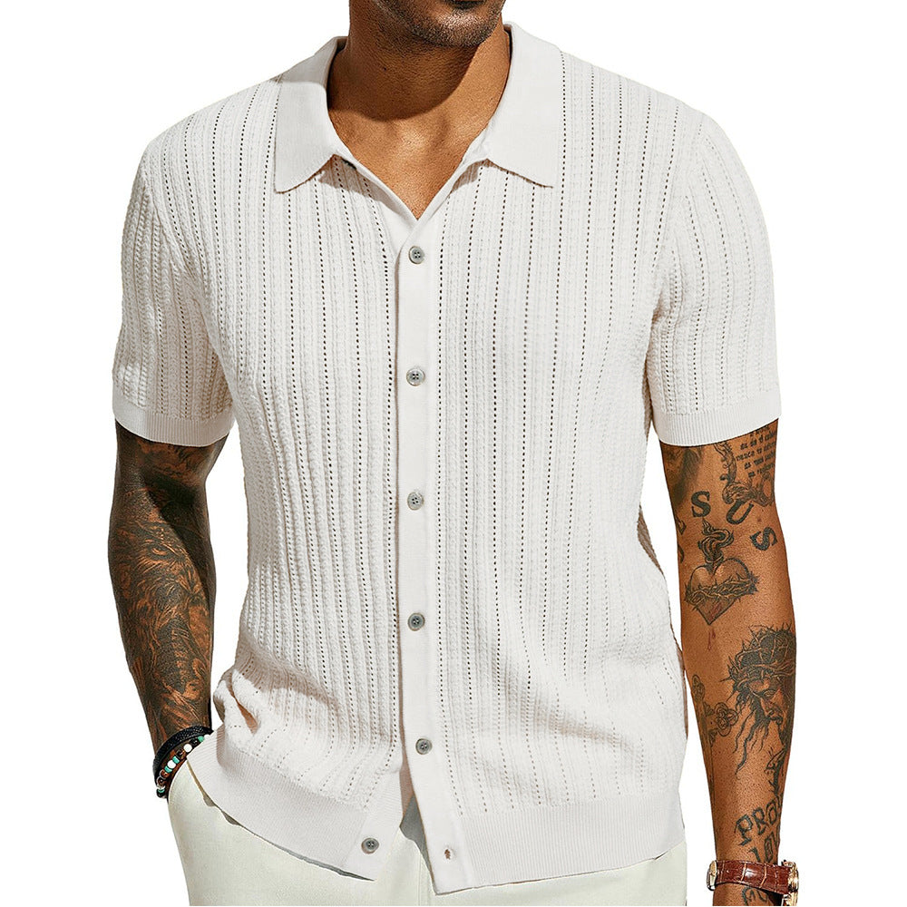 Men’s Fashion Striped Hollow Knit Polo Shirt – Casual Short Sleeve Sweater Top