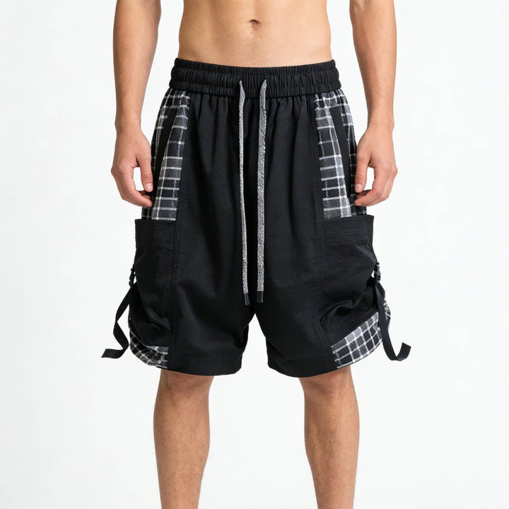 Premium Lightweight Casual Cargo Shorts For Men, Plaid Splice Multi-Pocket With Strap Decor Summer Short Pants