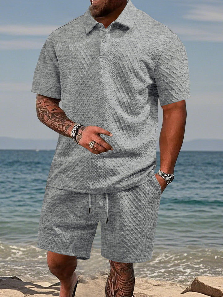 Men’s Jacquard Polo Set Lightweight Plaid Short Sleeve Casual 2 Piece Outfit