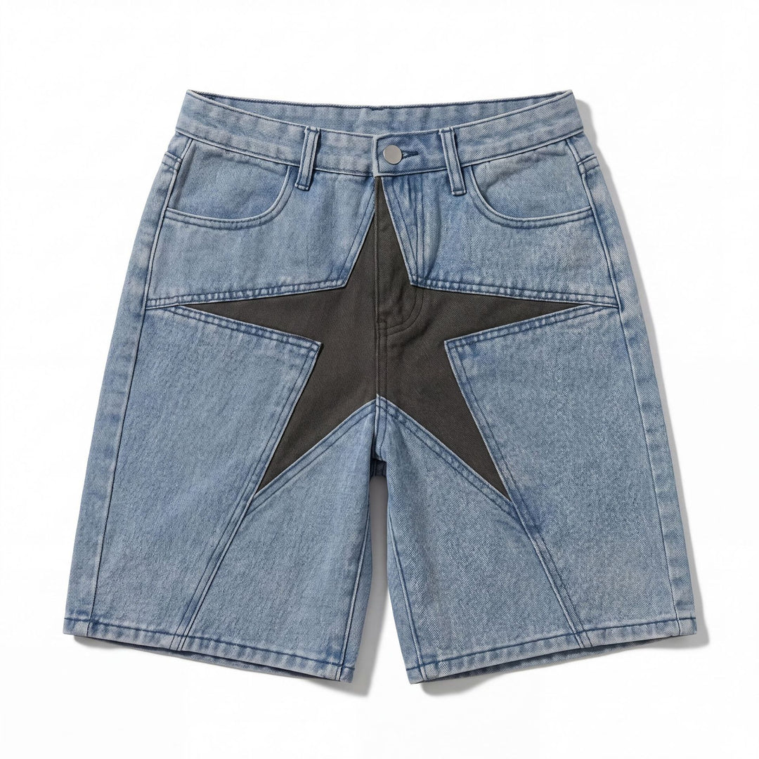 Unisex Star Patchwork Cotton-Blend Denim Shorts
