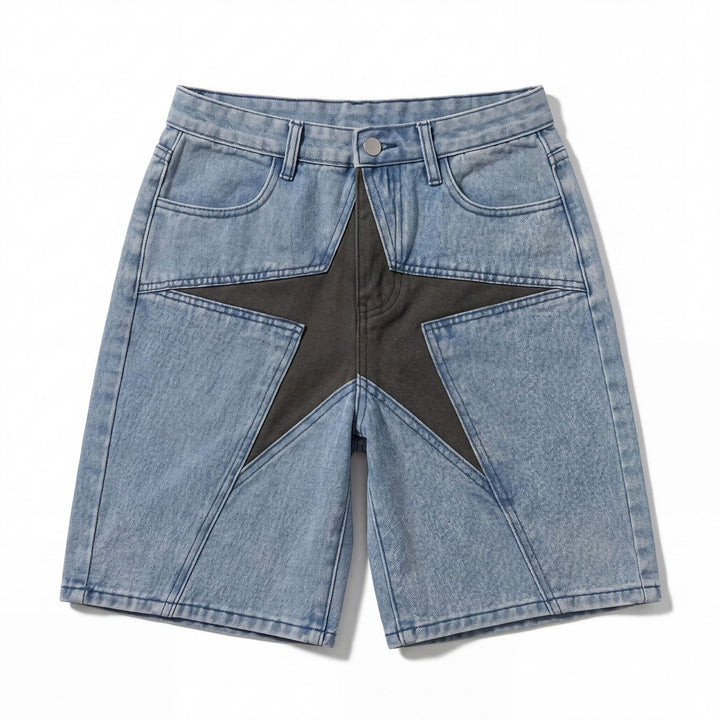 Unisex Star Patchwork Cotton-Blend Denim Shorts