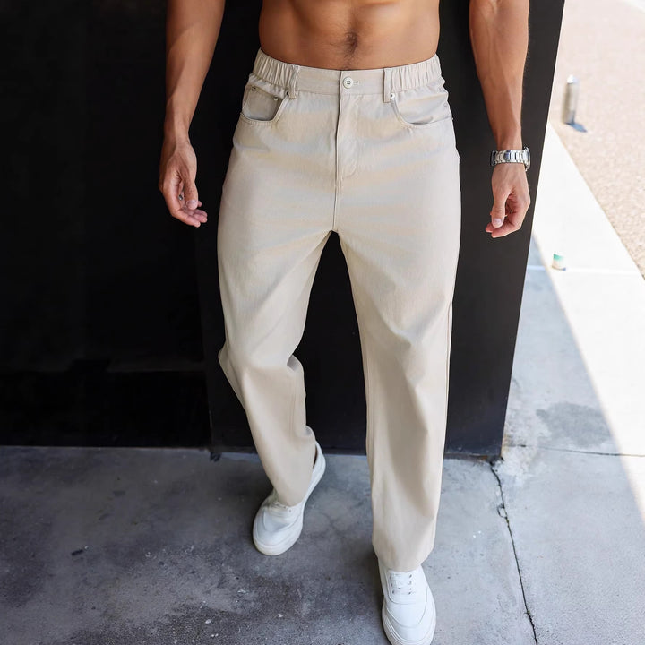 Classic Solid Color Men Straight Long Pants, Half Elastic Button Waist Relaxed Casual Full Length Bottom Wear