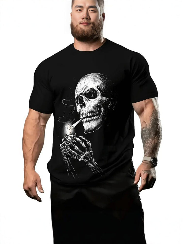 Combed Cotton Smoking Skull Graphic Gym T-Shirt, Men&