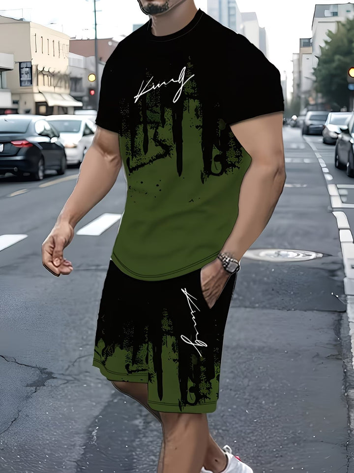 Men’s Casual Short Sleeve T-Shirt Set – 3D Letter Digital Print Outfit