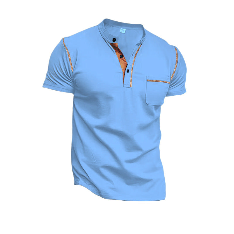 Men’s Henley T-Shirt Short Sleeve Casual Solid Color Slim Fit Button V-Neck Summer Top with Pocket