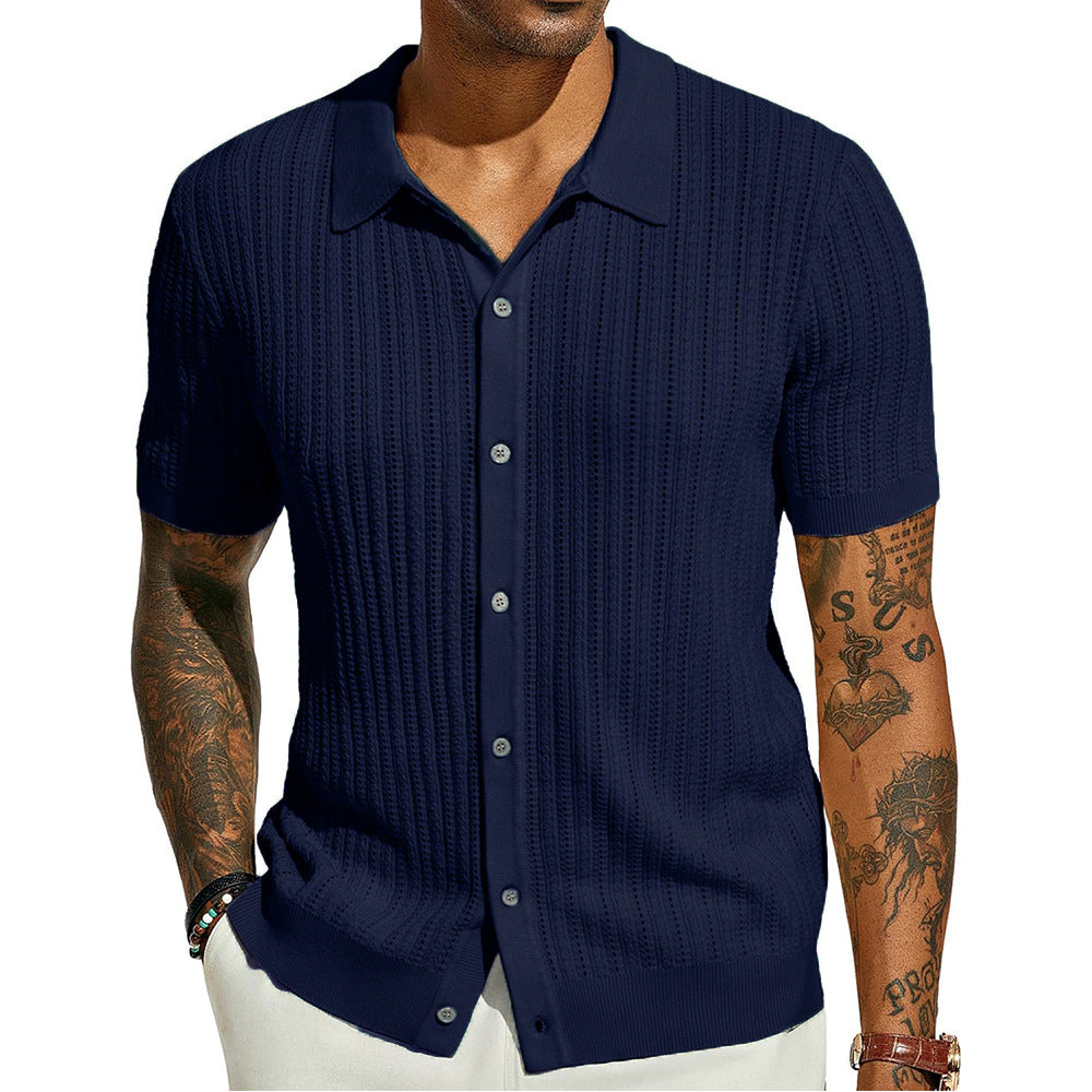 Men’s Fashion Striped Hollow Knit Polo Shirt – Casual Short Sleeve Sweater Top
