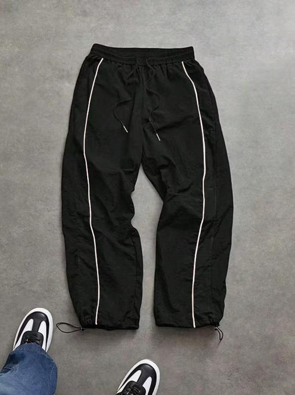 Black Cargo Pants Men Summer Thin Loose Straight Leg Pants with Red Side Stripes Drawstring