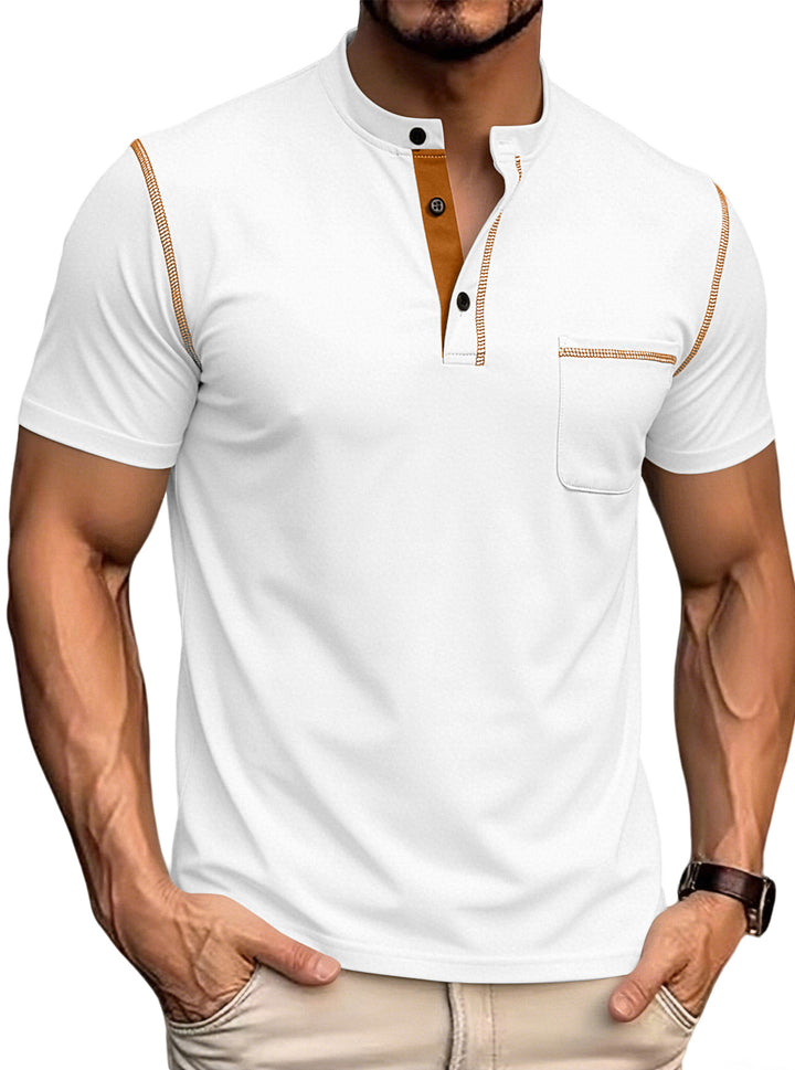 Men’s Henley T-Shirt Short Sleeve Casual Solid Color Slim Fit Button V-Neck Summer Top with Pocket