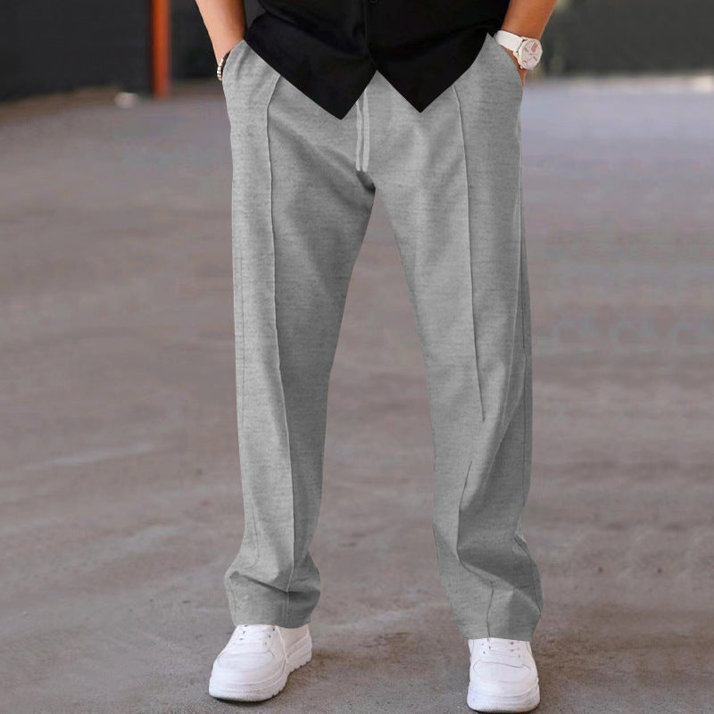 Men Solid Color Loose Straight Leg Pants, Classic Mid Line Detail Comfortable Casual Daily Versatile Bottom Wear