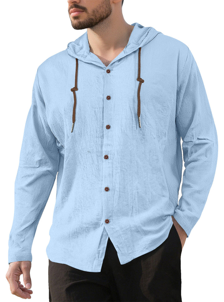 Men’s Linen Hooded Shirt – Casual Beach Long Sleeve Button Down Lightweight Summer Top