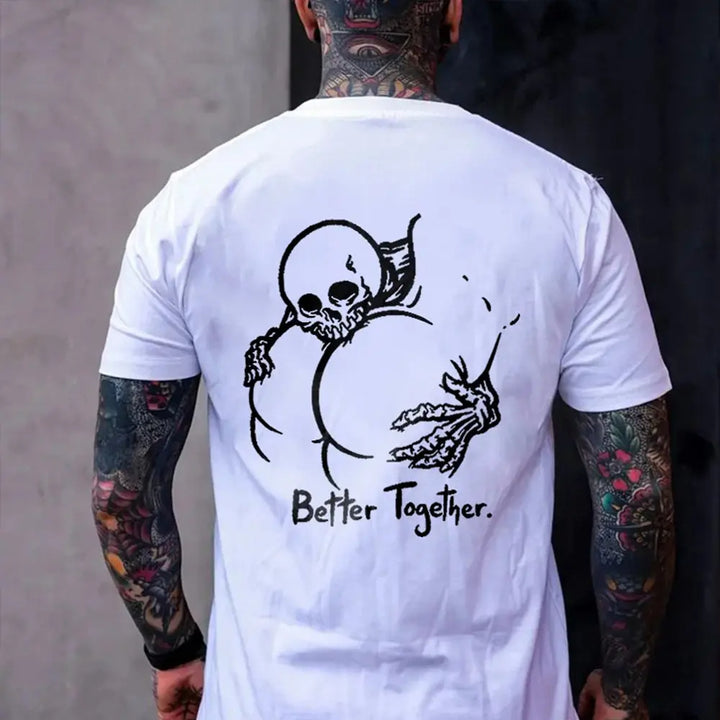 100% Pure Cotton "Better Together" Skull Graphic T-Shirt, Vintage Dark Aesthetic Casual Short Sleeve Tee