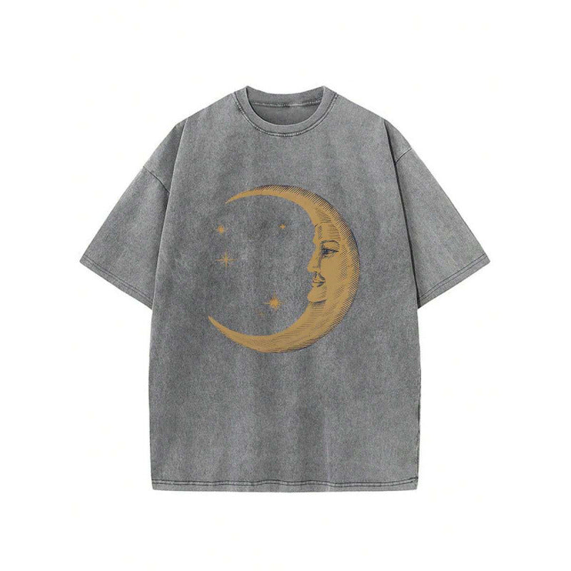 Vintage Washed 230G Cotton Crescent Moon Face Print Oversized Crew Neck T-Shirt