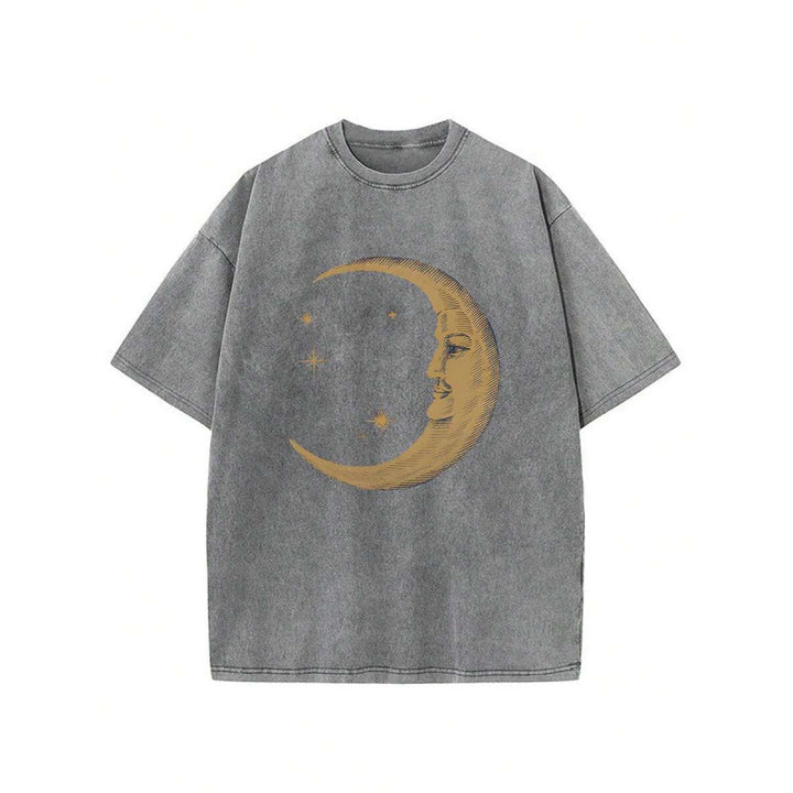 Vintage Washed 230G Cotton Crescent Moon Face Print Oversized Crew Neck T-Shirt