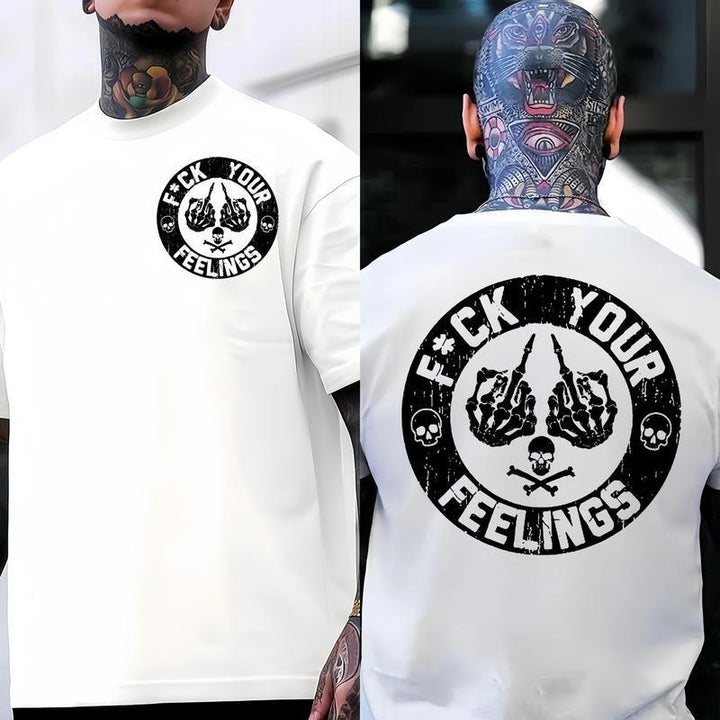 F*CK YOUR FEELINGS Skeleton Middle Finger T-Shirt - Double Sided Graphic Tee - Vintage Distressed Streetwear