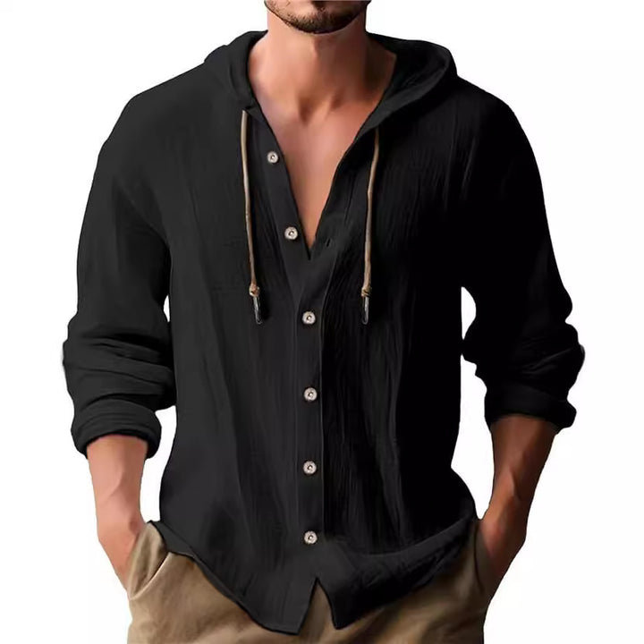 Men’s Linen Hooded Shirt – Casual Beach Long Sleeve Button Down Lightweight Summer Top