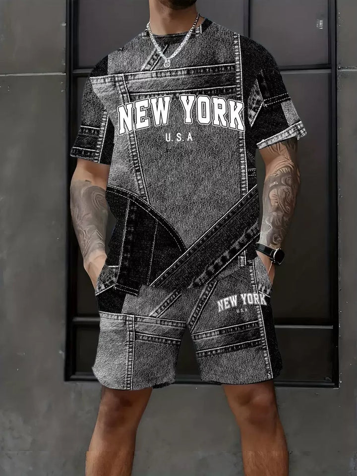Retro Letter 3D Print Patchwork Denim‑Effect Two‑Piece Short Sleeve Top &amp; Shorts For Men