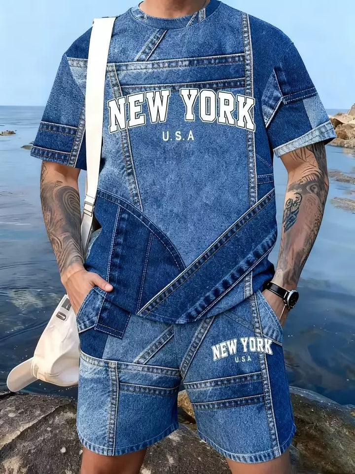 Retro Letter 3D Print Patchwork Denim‑Effect Two‑Piece Short Sleeve Top &amp; Shorts For Men