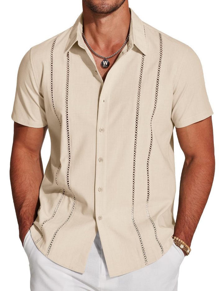 Men’s Summer Short Sleeve Button-Up Shirt Casual Breathable Cuban Collar Slim Fit Lightweight Fashion Shirt
