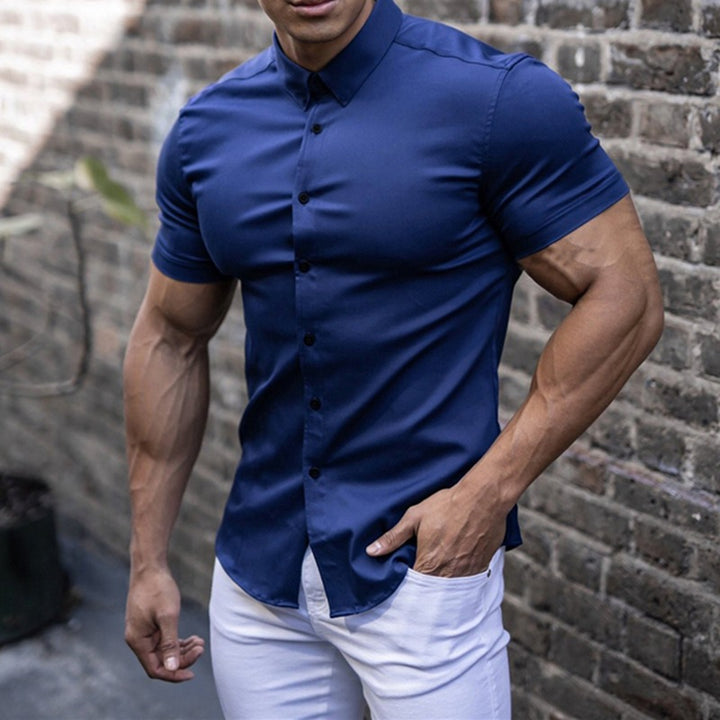 Men’s Muscle Fit Short Sleeve Shirt – Stretch Slim Fit Button Down Casual Dress Shirt