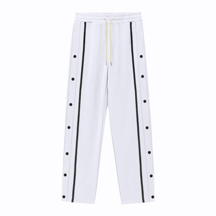Men Solid Color Loose Sports Pants, Elastic Drawstring Waist Side Button Striped Casual Daily Bottom Wear