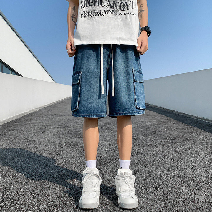 Premium Soft Denim Men Cargo Shorts, Vintage Light Blue Wash Streetwear Jean Shorts With Pockets