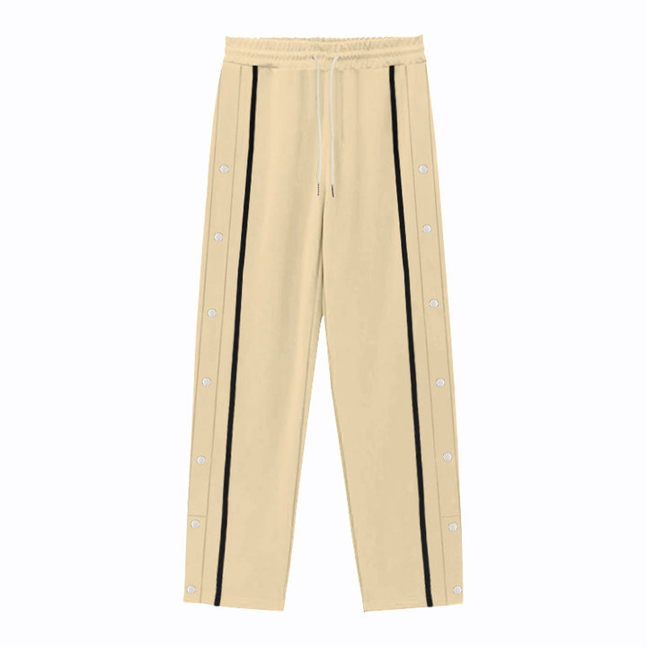 Men Solid Color Loose Sports Pants, Elastic Drawstring Waist Side Button Striped Casual Daily Bottom Wear