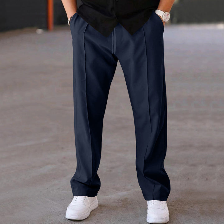 Men Solid Color Loose Straight Leg Pants, Classic Mid Line Detail Comfortable Casual Daily Versatile Bottom Wear