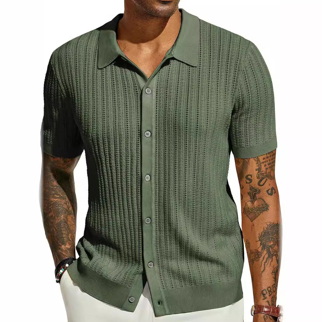 Men’s Fashion Striped Hollow Knit Polo Shirt – Casual Short Sleeve Sweater Top