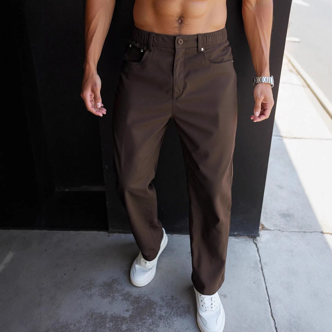 Classic Solid Color Men Straight Long Pants, Half Elastic Button Waist Relaxed Casual Full Length Bottom Wear