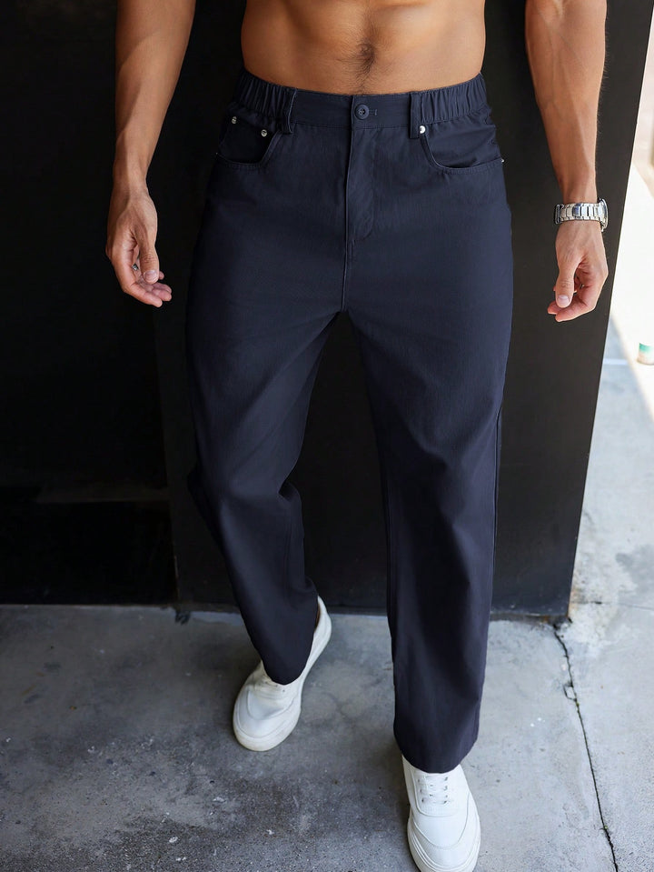 Classic Solid Color Men Straight Long Pants, Half Elastic Button Waist Relaxed Casual Full Length Bottom Wear