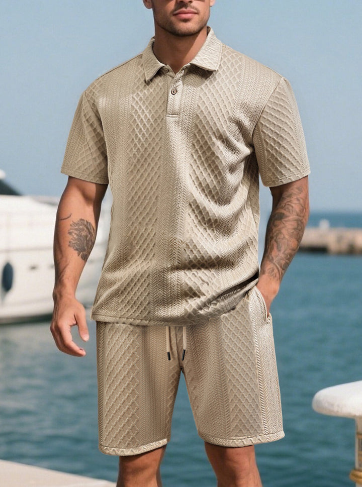 Men’s Jacquard Polo Set Lightweight Plaid Short Sleeve Casual 2 Piece Outfit