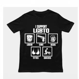 Mens Funny Liquor Guns Beers T-Shirt, Humorous LGBTQ Meme Graphic Top, Novelty Gag Gift for Father&