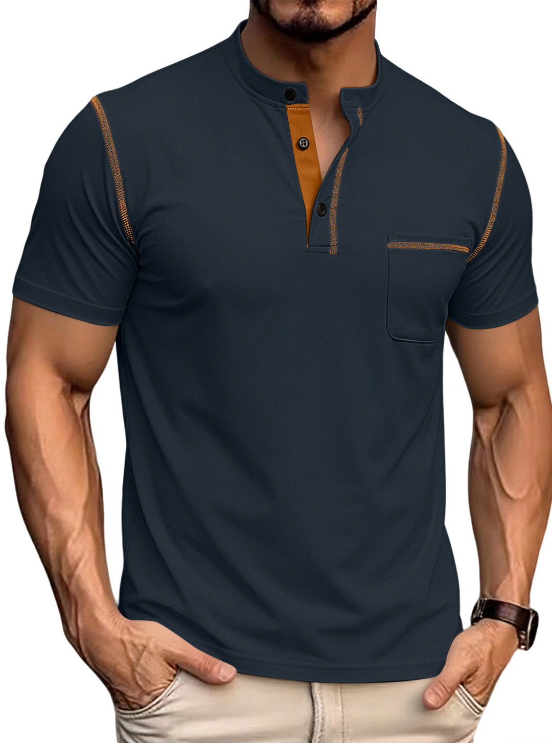 Men’s Henley T-Shirt Short Sleeve Casual Solid Color Slim Fit Button V-Neck Summer Top with Pocket