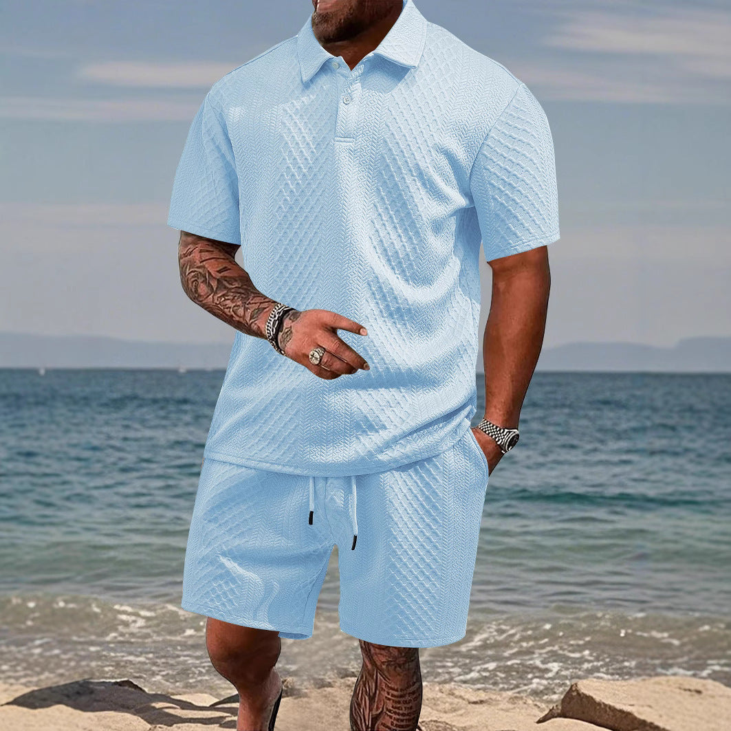 Men’s Jacquard Polo Set Lightweight Plaid Short Sleeve Casual 2 Piece Outfit