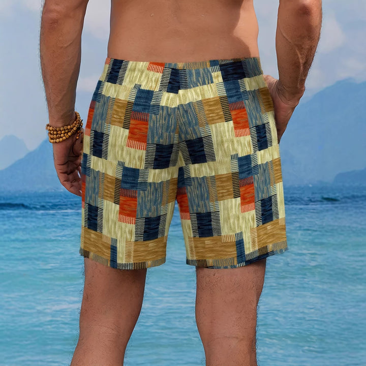 Retro Color Block Checkered Casual Summer Shorts, Soft Breathable Drawstring Waist Beach Vacation Short