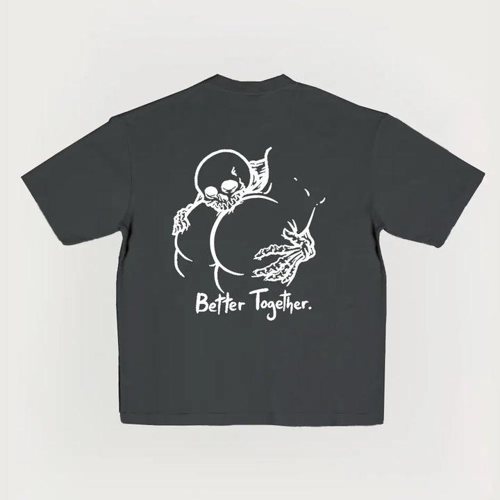 100% Pure Cotton "Better Together" Skull Graphic T-Shirt, Vintage Dark Aesthetic Casual Short Sleeve Tee