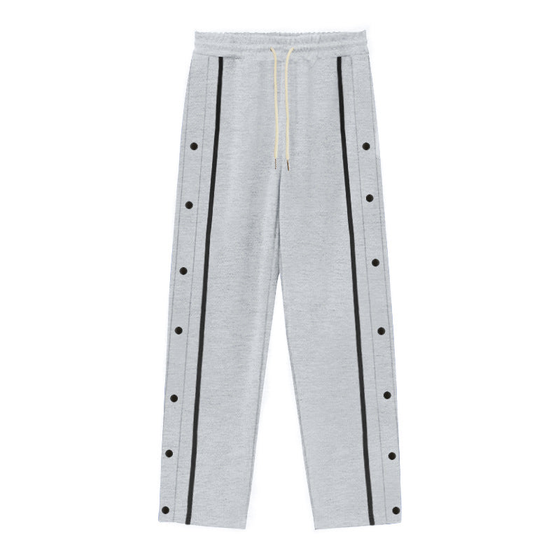 Men Solid Color Loose Sports Pants, Elastic Drawstring Waist Side Button Striped Casual Daily Bottom Wear
