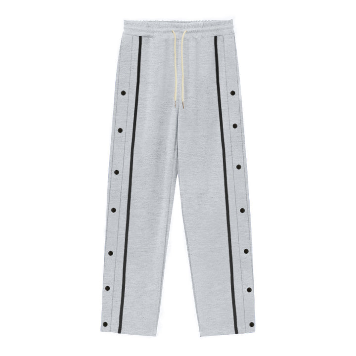 Men Solid Color Loose Sports Pants, Elastic Drawstring Waist Side Button Striped Casual Daily Bottom Wear