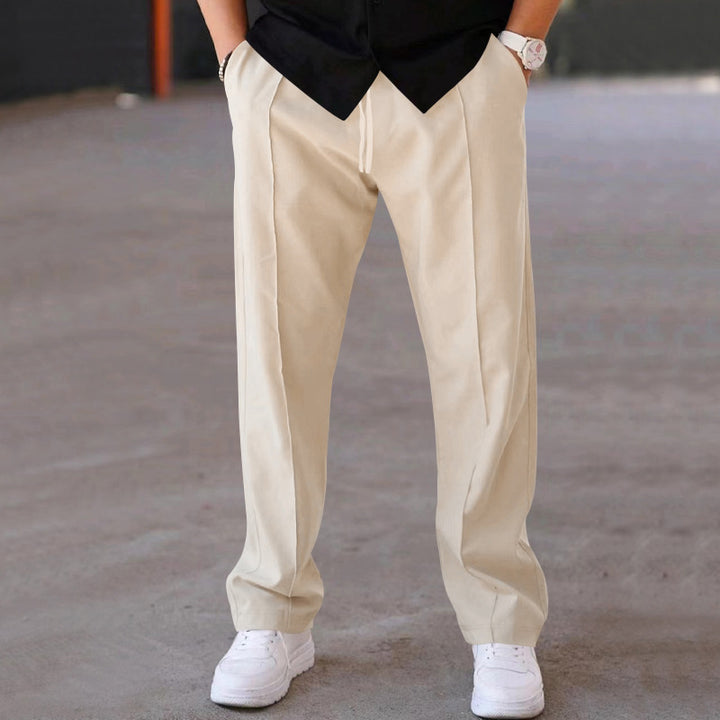 Men Solid Color Loose Straight Leg Pants, Classic Mid Line Detail Comfortable Casual Daily Versatile Bottom Wear