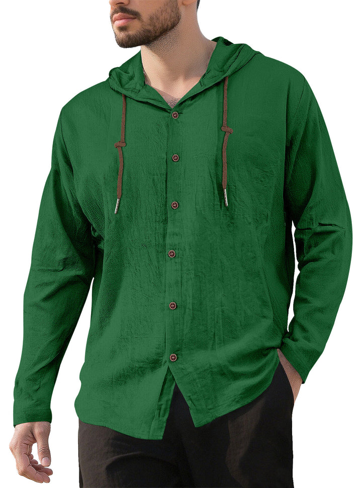 Men’s Linen Hooded Shirt – Casual Beach Long Sleeve Button Down Lightweight Summer Top