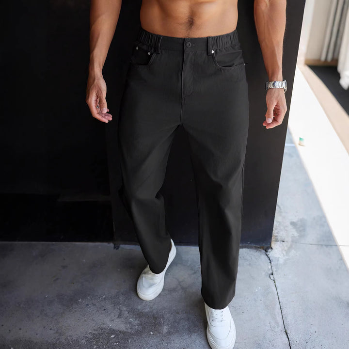 Classic Solid Color Men Straight Long Pants, Half Elastic Button Waist Relaxed Casual Full Length Bottom Wear