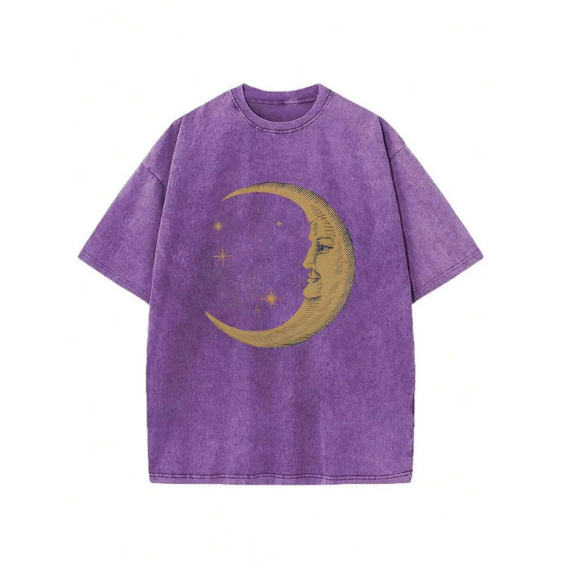 Vintage Washed 230G Cotton Crescent Moon Face Print Oversized Crew Neck T-Shirt
