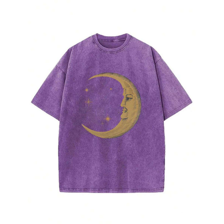 Vintage Washed 230G Cotton Crescent Moon Face Print Oversized Crew Neck T-Shirt