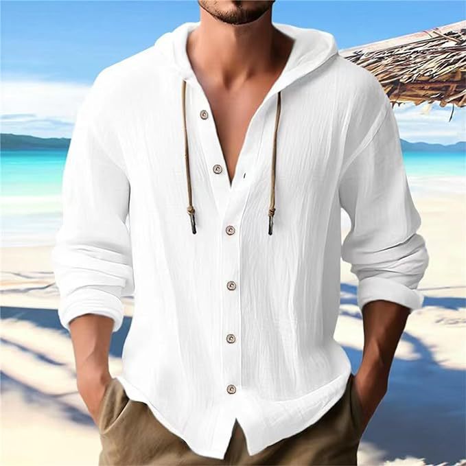 Men’s Linen Hooded Shirt – Casual Beach Long Sleeve Button Down Lightweight Summer Top